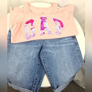 GAP Pink Sequin Logo Tank Top and Blue Jeans Short Set Girls Sz 10